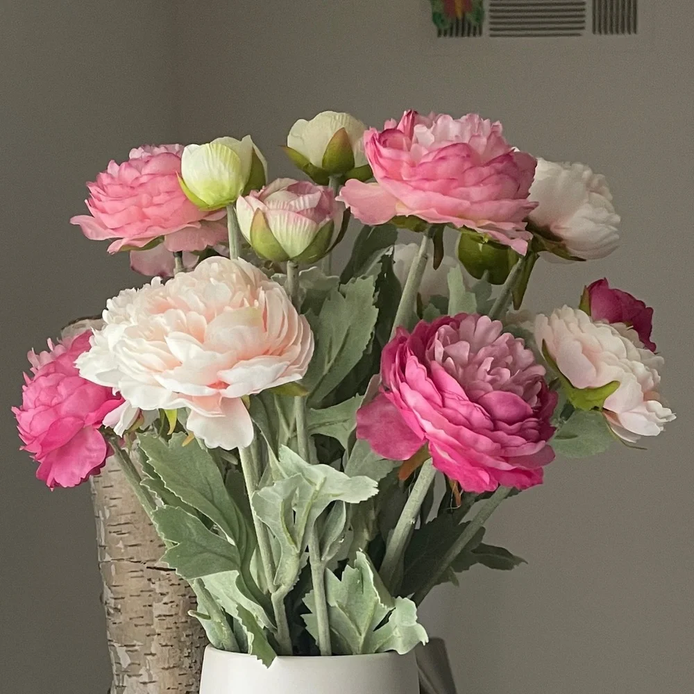 PEONIES Pink and White Floral rosy Peony Arrangement in ceramic matte white vase